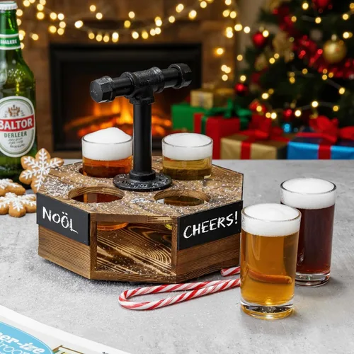 Miniatura 2 de MyGift Juego de servidor de vuelo de cerveza geométrica de madera maciza quemada con mango de tubo de metal industrial rústico, 4 vasos de cerveza