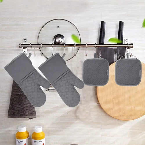Miniatura 5 de Juego de 4 guantes de horno y soportes para ollas, guantes de horno resistentes al calor 572F, forro de algodón suave con superficie antideslizante