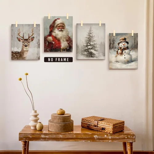 Miniatura 6 de LKETW Póster vintage de impresiones navideñas de invierno sin marco, juego de 4 unidades de 8x10 pulgadas, decoración de pared rústica de Papá Noel