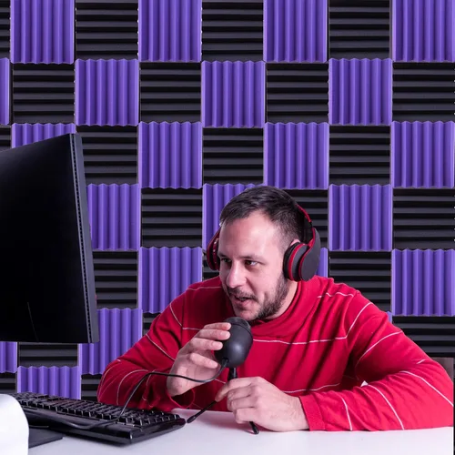 Miniatura 6 de Paquete de 24 paneles acústicos, paneles de espuma a prueba de sonido de 2 x 12 x 12 pulgadas para pared, paneles de cancelación de ruido Púrpura