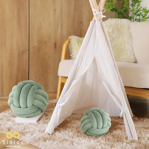 Miniatura 5 de Sioloc - Almohadas de nudo suave, cojín redondo para decoración del hogar, almohada de bola anudada hecha a mano (13.7 pulgadas, color verde)