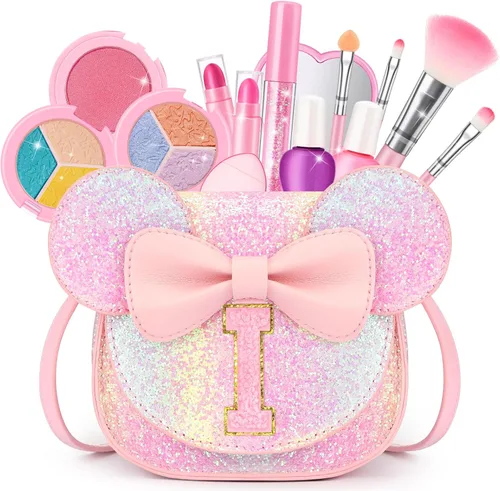 Miniatura 13 de Kit de maquillaje para niñas – Juego de maquillaje lavable real de 15 piezas – Cosmético no tóxico para niños pequeños con bolso de letras – Regalos