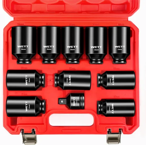 Miniatura 10 de WETT Juego de 9 llaves de vaso de impacto profundo de 1/2 pulgada, 6 puntas, CR-MO, 29-38 mm