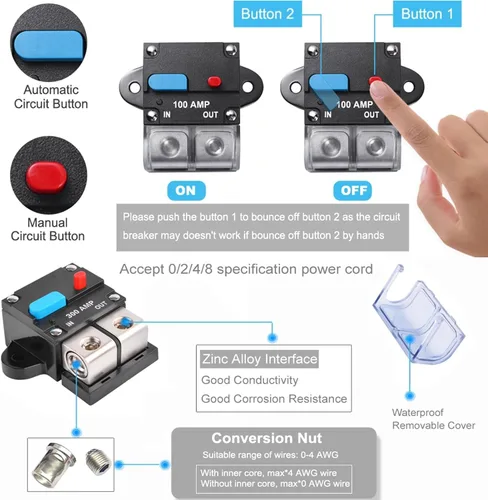 Miniatura 6 de Disyuntor de circuito de 100 amperios de audio para automóvil, energía solar, inversor de fusibles en línea con cubierta impermeable para motor