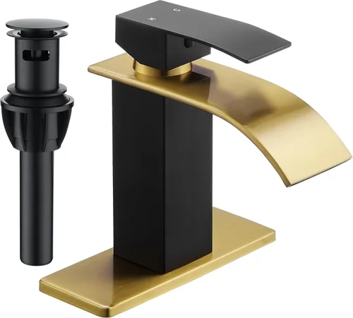 FRANSITON Grifo de baño con cascada de una sola manija de 1 o 3 agujeros, grifo de lavabo con cubierta y drenaje desplegable (negro y dorado, corto)