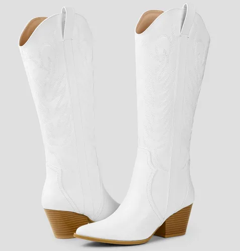 Miniatura 8 de Arromic Botas vaqueras para mujer, cómodas, bordadas, vaquera occidental, hasta la rodilla, puntera puntiaguda, cremallera, tacón grueso, traje