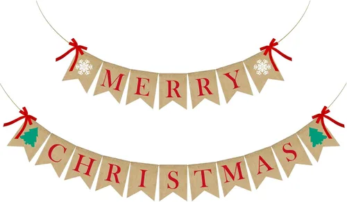 Miniatura 9 de PACETAP Cartel de arpillera de Feliz Navidad con 4 lazos rojos, decoración navideña para el hogar para interiores, chimenea, pared, árbol