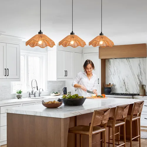 Miniatura 2 de 3 Pack Brown Woven Pendant Light Fixtures,11.81" Rattan Pendant Lights Farmhouse Basket Light Fixture Adjustable Boho Hanging Lamp for Kitchen