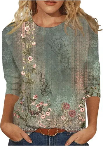 Miniatura 14 de Blouses for Women 2025 Three Quarter Sleeve Round Neck T Shirt Hawaiian Printing Trendy Fashion Beach Tops