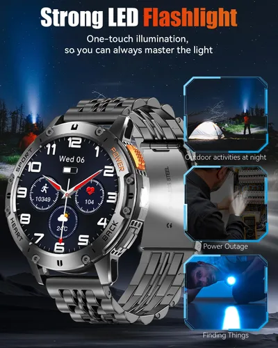 Miniatura 4 de Relojes inteligentes militares para hombres con llamada Bluetooth, reloj inteligente impermeable AMOLED de 1.43" con linterna, rastreador de fitness