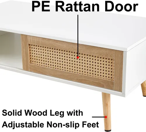 Miniatura 7 de Mesa de centro moderna de mediados de siglo con almacenamiento, mesa rectangular de madera de 41.3 pulgadas con panel de puerta deslizante de ratán