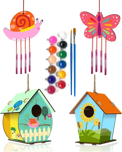 Home Composer Paquete de 4 Kits DIY de Casa de Pájaros y Campana Eólica para Niños para Construir y Pintar, Artes y Manualidades de Madera para