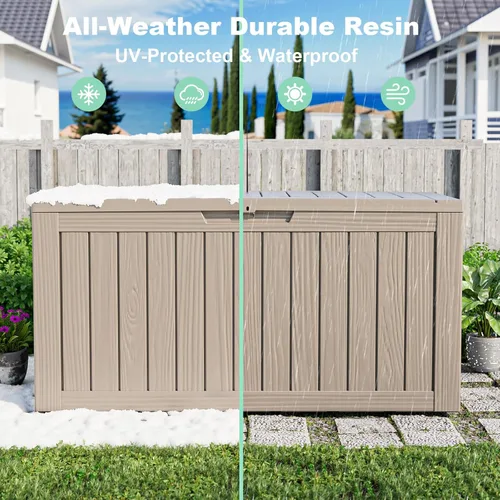 Miniatura 4 de ROJIK Caja de almacenamiento para exteriores, caja de cubierta impermeable de 85 galones, contenedor de almacenamiento exterior de resina resistente