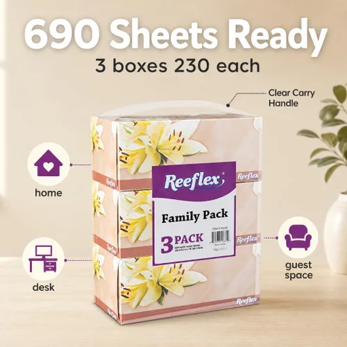 Miniatura 3 de Reeflex Pañuelos faciales, tejido facial suave de 2 capas, 3 cajas, 230 hojas por caja (690 hojas en total), cajas de pañuelos suaves y duraderas a