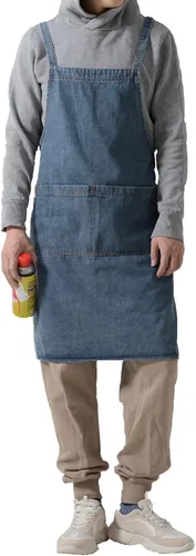Miniatura 13 de Delantal Tobyan de Mezclilla de Algodón Suave - Delantal Unisex Ajustable con Babero de 5 Bolsillos Perfecto para Cocinas ZD-azul