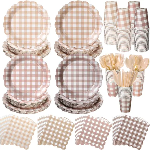 Miniatura 12 de Yaomiao Juego de vajilla desechable de 175 piezas de platos de papel marrón con cuchillo de plástico, cuchara, tenedor, cuchara, decoración de boda