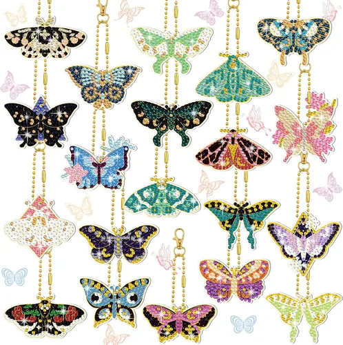 FairySandy Juego de 20 llaveros de pintura de diamante de mariposa 5D, kits de llaveros de arte de diamantes de mariposa 5D, kits de llaveros