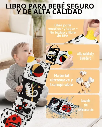 Miniatura 7 de Juguetes para la hora de la barriga, libro de bebé de alto contraste con espejo y mordedor, libros infantiles en blanco y negro, libro suave de 0 a