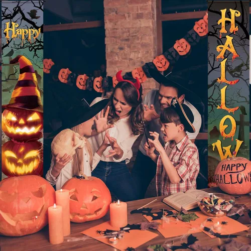 Miniatura 7 de Tiamon 2 pancartas para puerta de Halloween, letreros de calabaza malvada y sombreros de bruja para puerta delantera, pared, porche y decoración