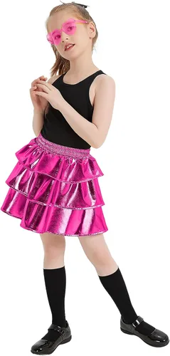 Miniatura 6 de techcity Falda metálica brillante de 3 capas con volantes para niñas, ropa de disfraz de fiesta de baile para niñas de 4 a 13 años con gafas