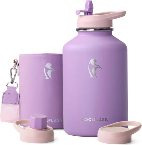Miniatura 10 de Coolflask Botella de agua de 64 onzas aislada con funda de cuero PU, botella de agua de medio galón con contraste de color y tapa con popote, jarra