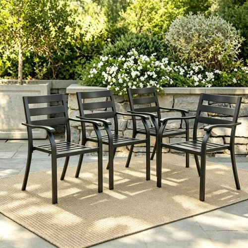 Miniatura 10 de Juego de 2 sillas de comedor apilables negras para patio, sillas bistró de metal para exteriores con reposabrazos, muebles de patio para todo tipo