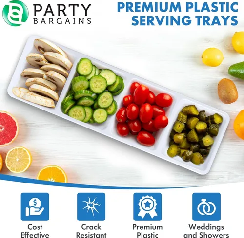Miniatura 4 de Party Bargains Bandeja rectangular seccional desechable blanca (paquete de 4) de 5 x 16 pulgadas. Bandeja de plástico con 4 compartimentos
