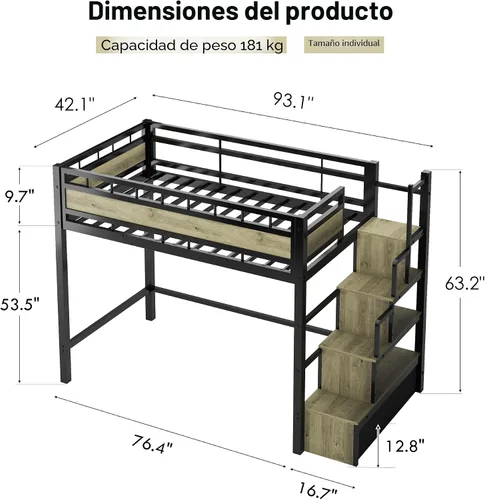 Miniatura 2 de soges Cama tipo loft con escaleras, cama alta de metal con cajones de almacenamiento, ideal para dormitorios, apartamentos, habitaciones de niños