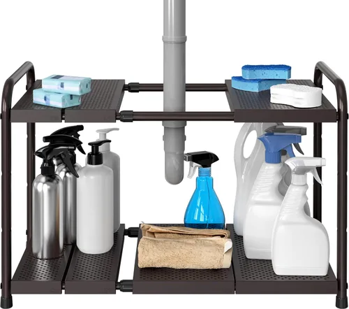 Simple Houseware Under Sink - Organizador de estante expandible de 2 niveles, ancho ajustable de 15.75 a 25 pulgadas con 4 niveles de altura de