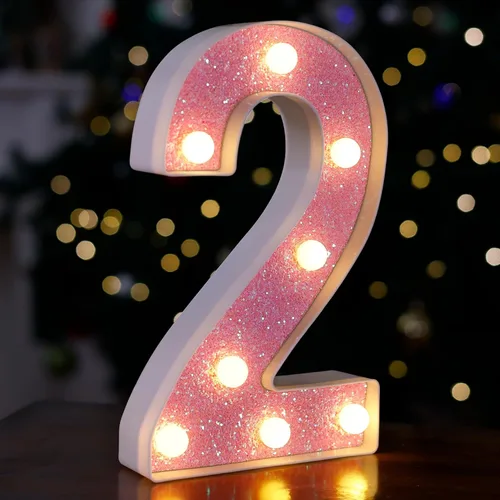 Miniatura 30 de Letras con luces LED, letras de marquesina con brillantina rosa, letras del alfabeto, letreros iluminados por pilas, para decoración de fiestas