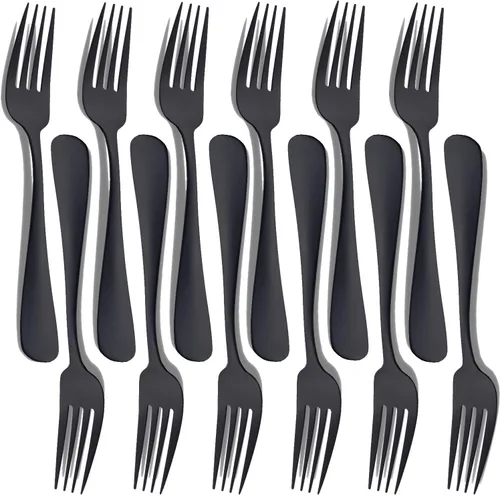 Juego de 12 tenedores de acero inoxidable de 8 pulgadas, color negro mate, tenedores de postre, tenedores de cubiertos para familia, cocina,