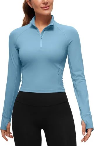 CRZ YOGA Butterluxe - Camisetas de entrenamiento de manga larga con media cremallera para mujer, sudadera atlética recortada para correr