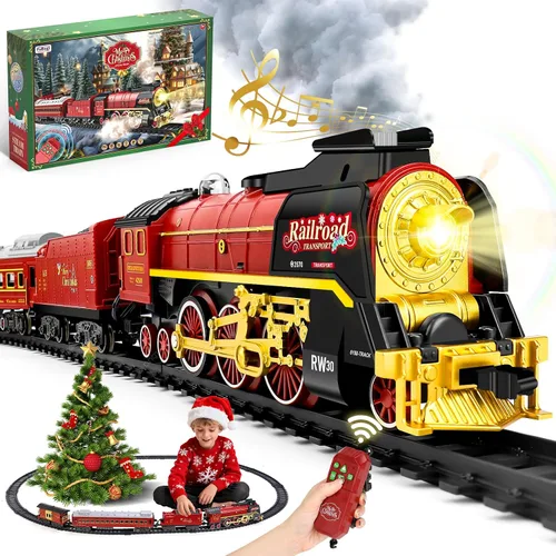 Juego de tren de Navidad para alrededor debajo del árbol, tren eléctrico para árbol de Navidad con control remoto, sonido, humo y luz, locomotora de