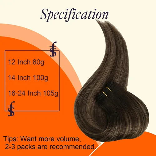 Miniatura 4 de Full Shine Extensiones de cabello humano de trama de cabeza completa, balayage, cosidas, extensiones de cabello humano real, color 2 marrón oscuro