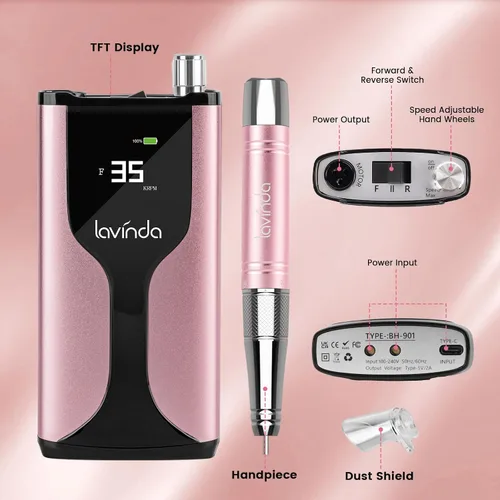 Miniatura 3 de Lavinda Taladro de uñas profesional recargable, sin escobillas Skyspace de 35,000 rpm, lima de uñas eléctrica portátil para uñas acrílicas con funda