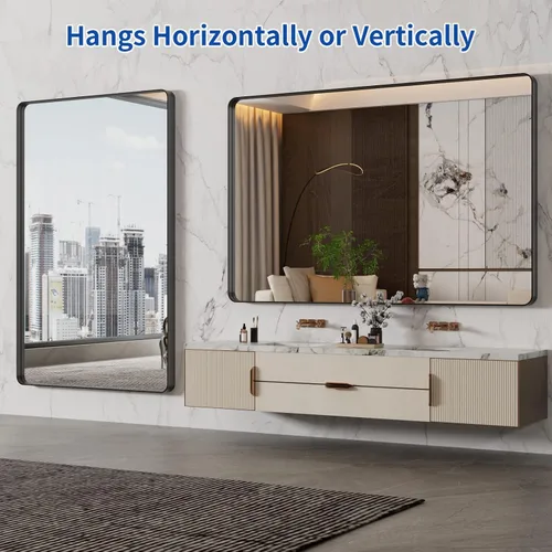 Miniatura 5 de WEER - Espejo de baño de 55x36 pulgadas con marco de metal negro, espejo de tocador de baño negro estilo casa de campo, espejos de pared de vidrio