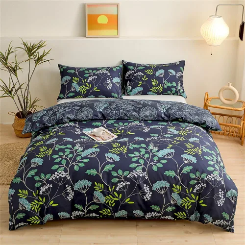 Koudi Juego de funda de edredón floral botánica, tamaño individual, color azul marino, verde, ramas de plantas, reversible, juego de ropa de cama de