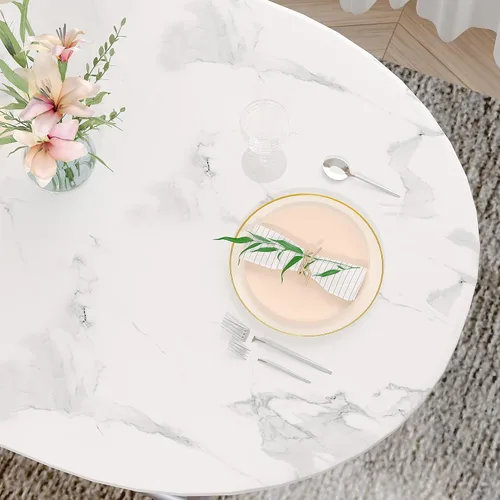 Miniatura 8 de VECELO Juego de mesa de comedor de 3 piezas para rincón de desayuno, mesa ovalada de mármol sintético y marco de metal con estante de vino Blanco