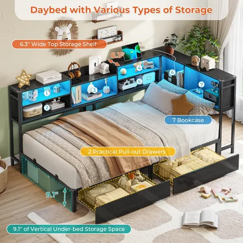Miniatura 6 de DICTAC Marco de cama esquinero tamaño individual con almacenamiento y luces LED, plataforma de metal con 2 cajones y estación de carga, cama