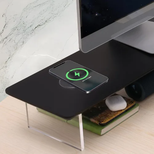 Miniatura 2 de SUIBIAN Soporte elevador de monitor negro con carga inalámbrica de 31.5 pulgadas, grande, soporte para monitor de computadora, estante organizador