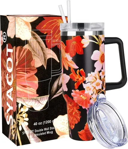 Miniatura 15 de SYACOT Vaso de 40 onzas con asa y pajita, vaso aislado de acero inoxidable, tapa a prueba de fugas y tapa con pajilla, taza de café de viaje
