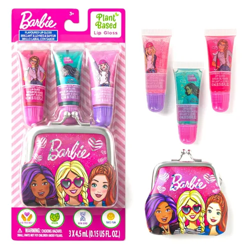 Barbie - Paquete de 3 brillos de labios hidratantes con bolso, juego de maquillaje para niñas, perfecto para fiestas, fiestas de pijamas y regalos