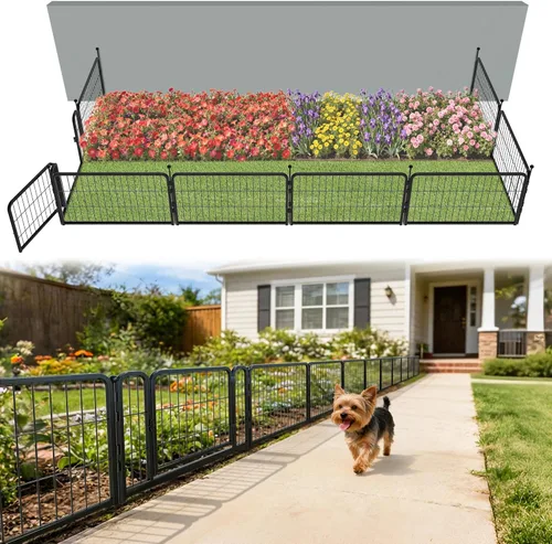 Miniatura 45 de FXW - Valla de jardín metálica y resistente para exteriores, barrera para perros y conejos, fácil instalación, negro, 24 pulgadas de alto x 29.6