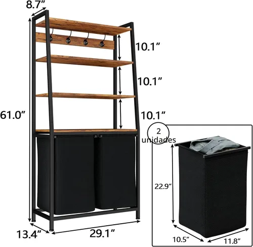 Miniatura 2 de Furnulem Organizador de Ropa de 4 Niveles con Estante y Ganchos, Cesta de Lavandería Alta Clasificadora con 2 Bolsas Removibles, Organizadores