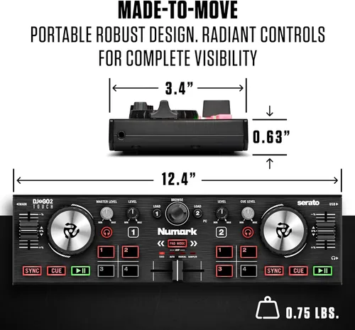 Miniatura 5 de Numark DJ2GO2 Touch - Controlador USB compacto de 2 platos para Serato DJ con mezclador/crossfader, interfaz de audio y rueda de selección