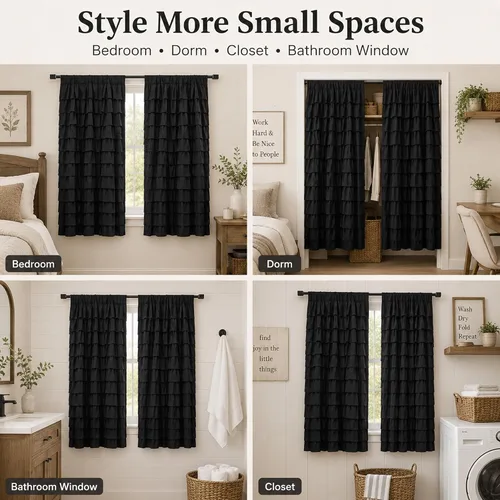 Miniatura 8 de Black Ruffle Curtains 2 Panels, 12-Layer Ruffled Window Panels, Light Filtering Shabby Chic Farmhouse Drapes for Bedroom Dorm Bathroom, Rod Pocket