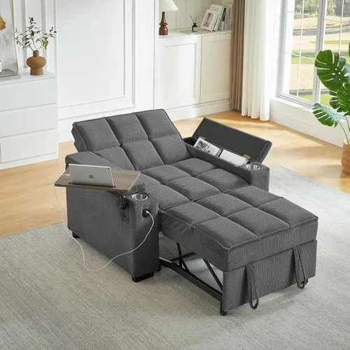 Miniatura 11 de Sofá cama convertible 3 en 1, sofá extraíble con puertos USB, portavasos y reposabrazos de almacenamiento, silla de dormir con mesa auxiliar