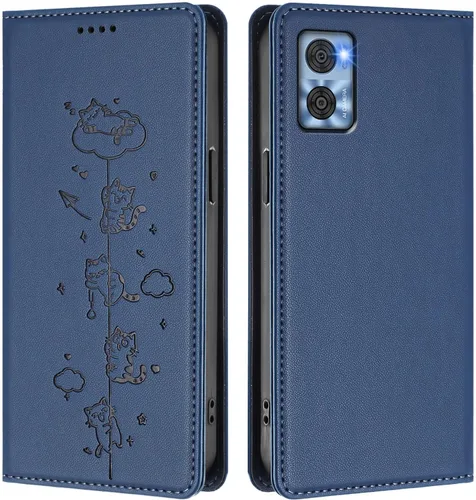 Miniatura 14 de Wallet Phone Case for Moto E22 4G Cover, Playful Cat PU Leather Phone Cover with 2 Card Slots & Hidden Flip Kickstand, TPU Shockproof Protective