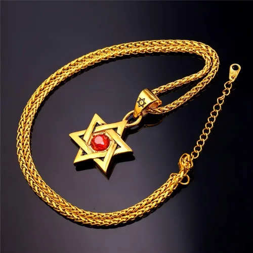 Miniatura 47 de U7 - Collar con Estrella de David para hombres y mujeres, dije hexagonal de acero inoxidable con cruz/piedra de rubí/collares clásicos judíos