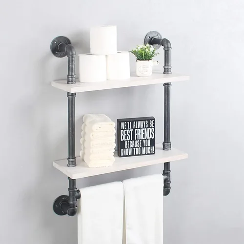 Miniatura 18 de MBQQ Estante de tubería industrial para baño, estantes montados en la pared, estante de madera rústica de 19.6 pulgadas con toallero, toallero